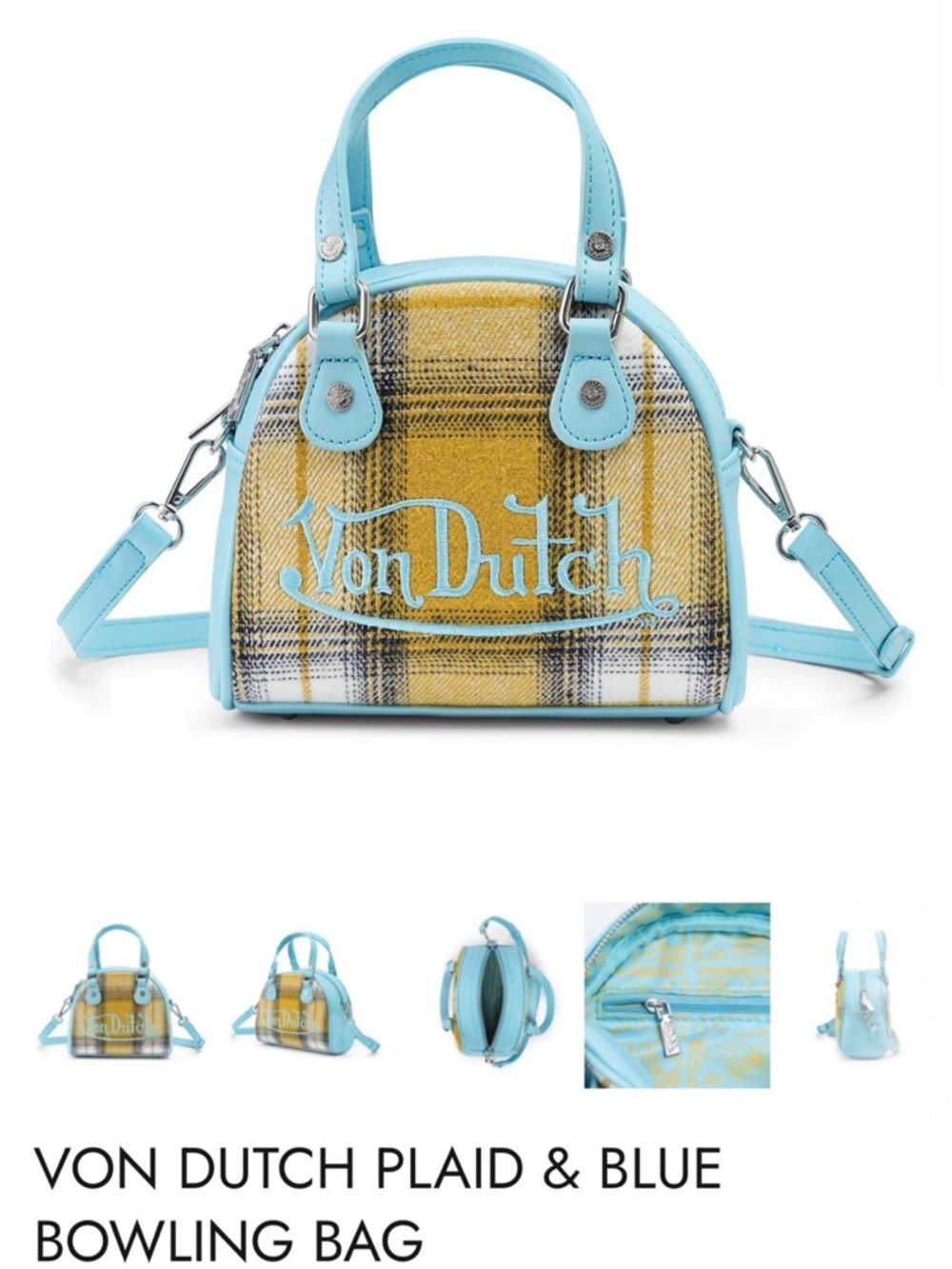 Von Dutch Yellow Plaid Mini Bowling Bag with Light Blue Trim